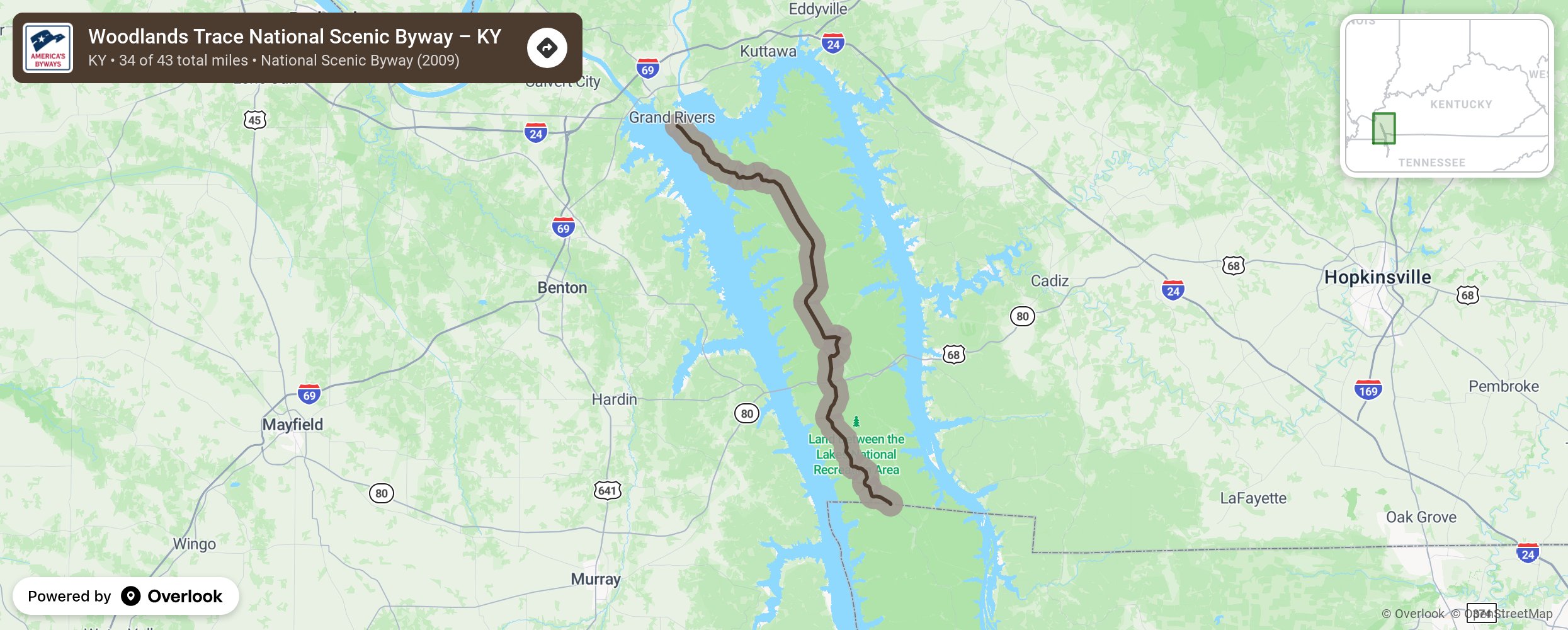 Map of Woodlands Trace National Scenic Byway – KY - scenic route