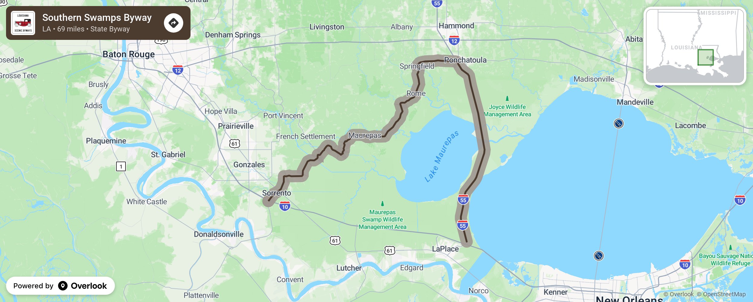 Map of Southern Swamps Byway - scenic route