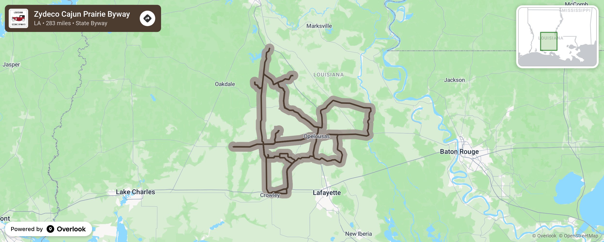 Map of Zydeco Cajun Prairie Byway - scenic route