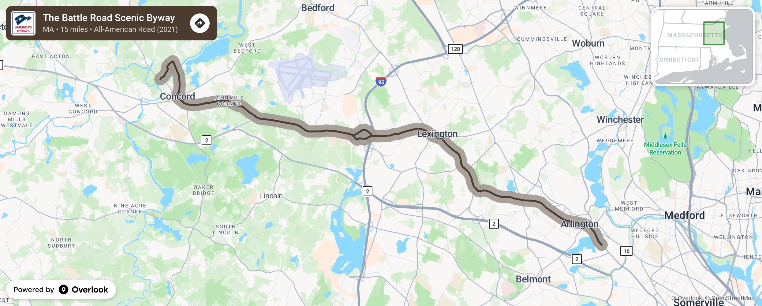 Map of The Battle Road Scenic Byway - scenic route