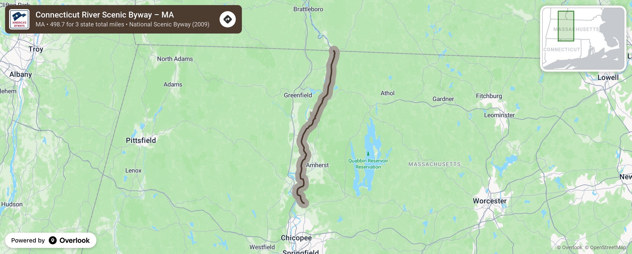 Map of Connecticut River Scenic Byway – MA - scenic route