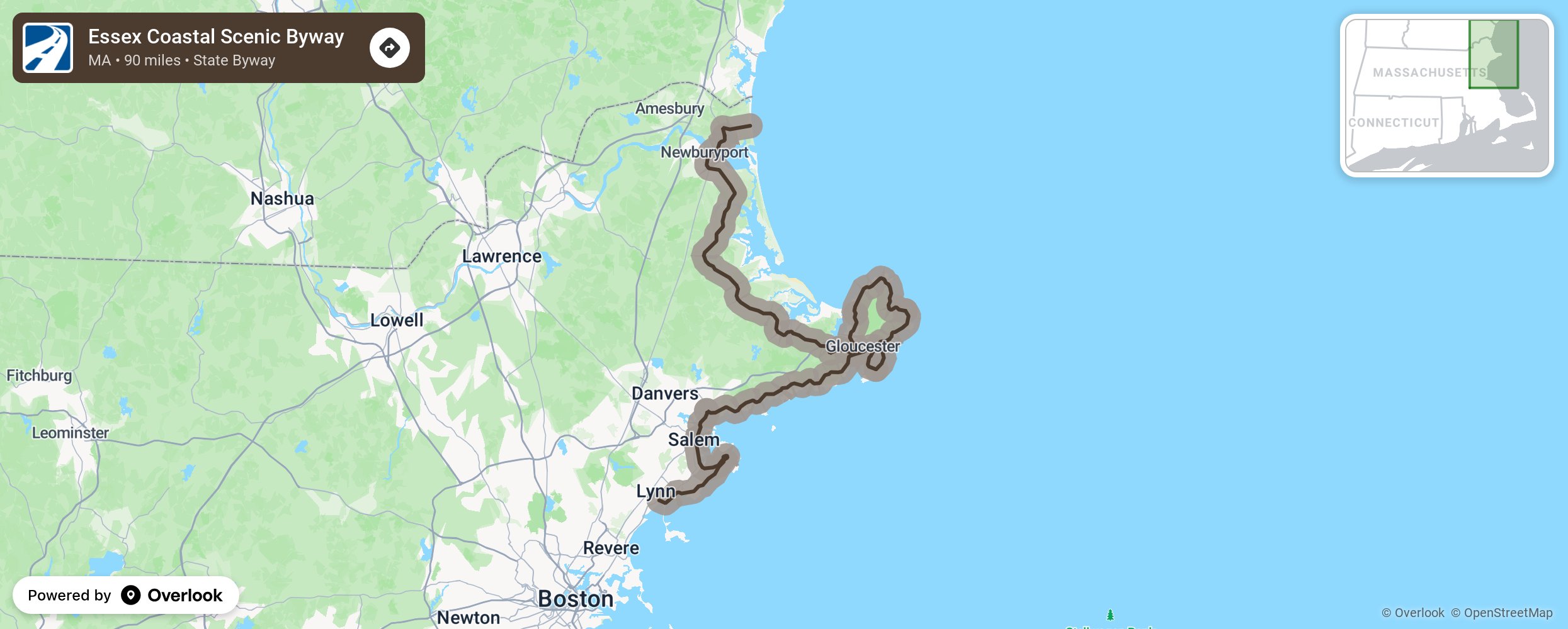 Map of Essex Coastal Scenic Byway - scenic route