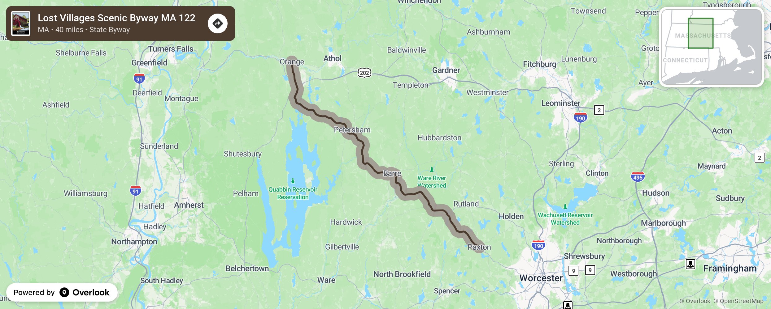 Map of Lost Villages Scenic Byway MA 122 - scenic route