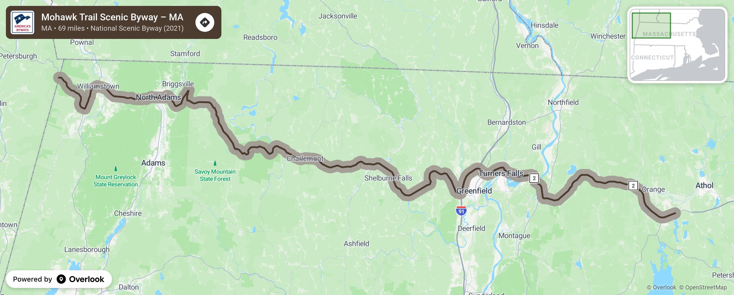 Map of Mohawk Trail Scenic Byway – MA - scenic route