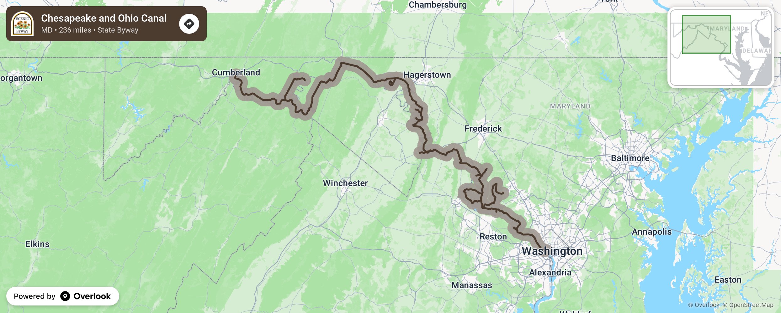 Map of Chesapeake and Ohio Canal - scenic route