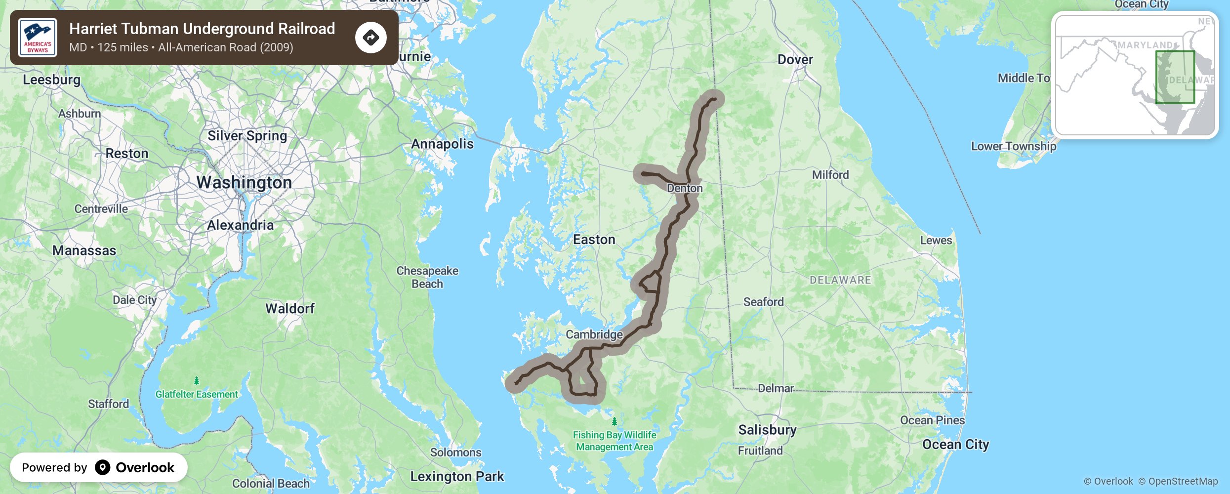 Map of Harriet Tubman Underground Railroad - scenic route