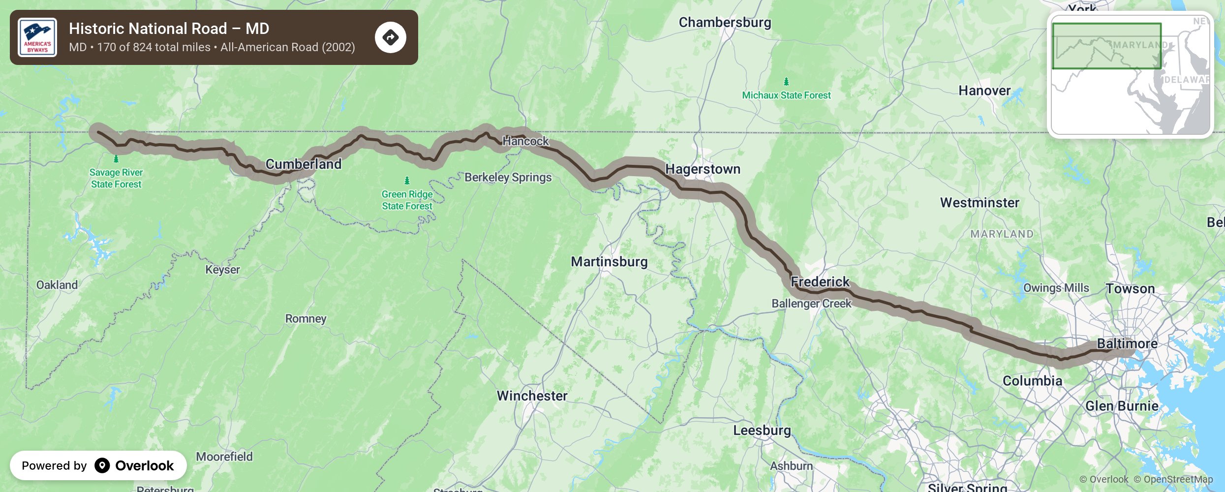 Map of Historic National Road – MD - scenic route