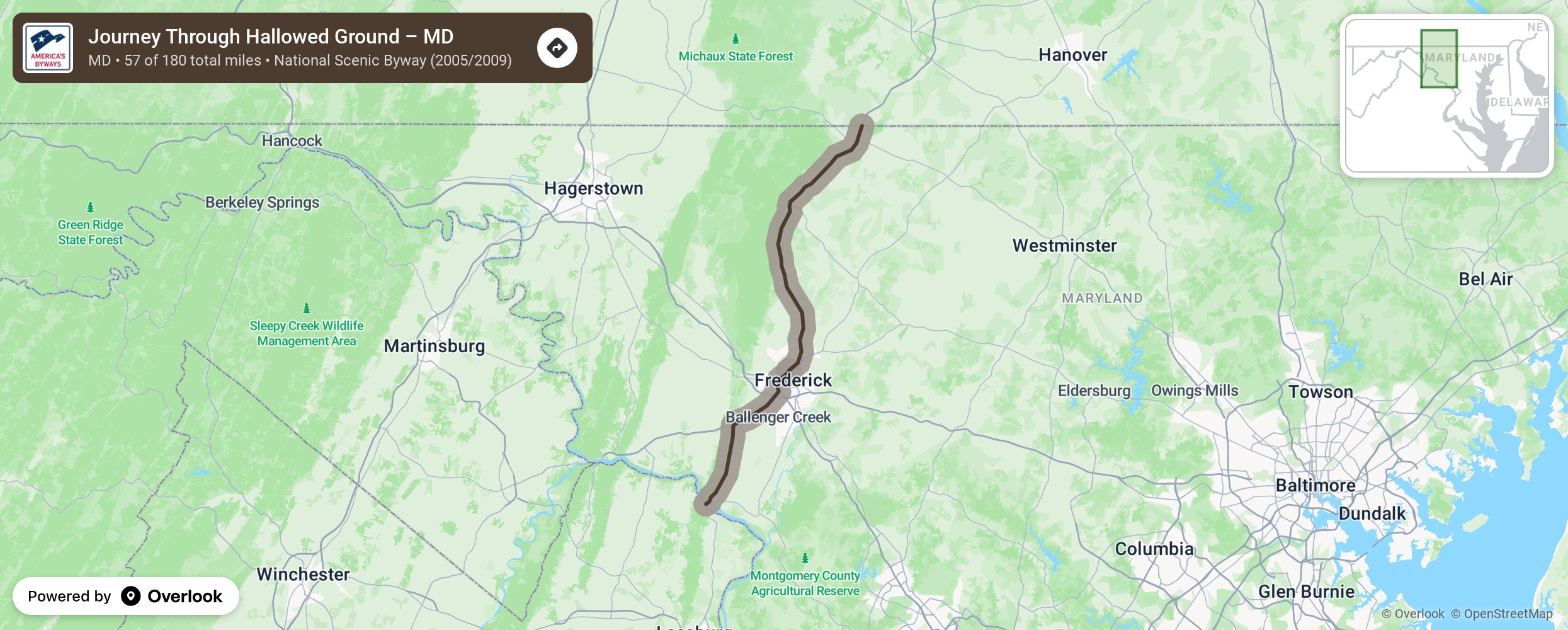 Map of Journey Through Hallowed Ground – MD - scenic route