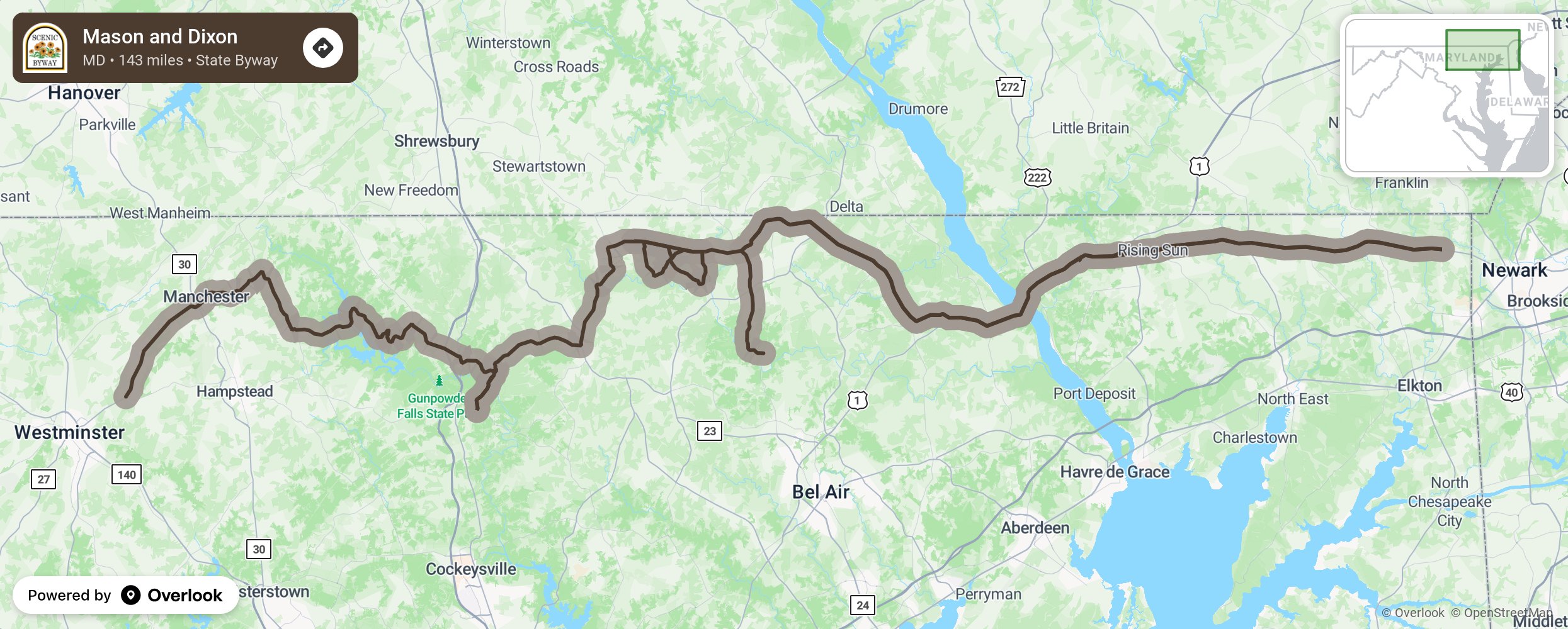 Map of Mason and Dixon - scenic route