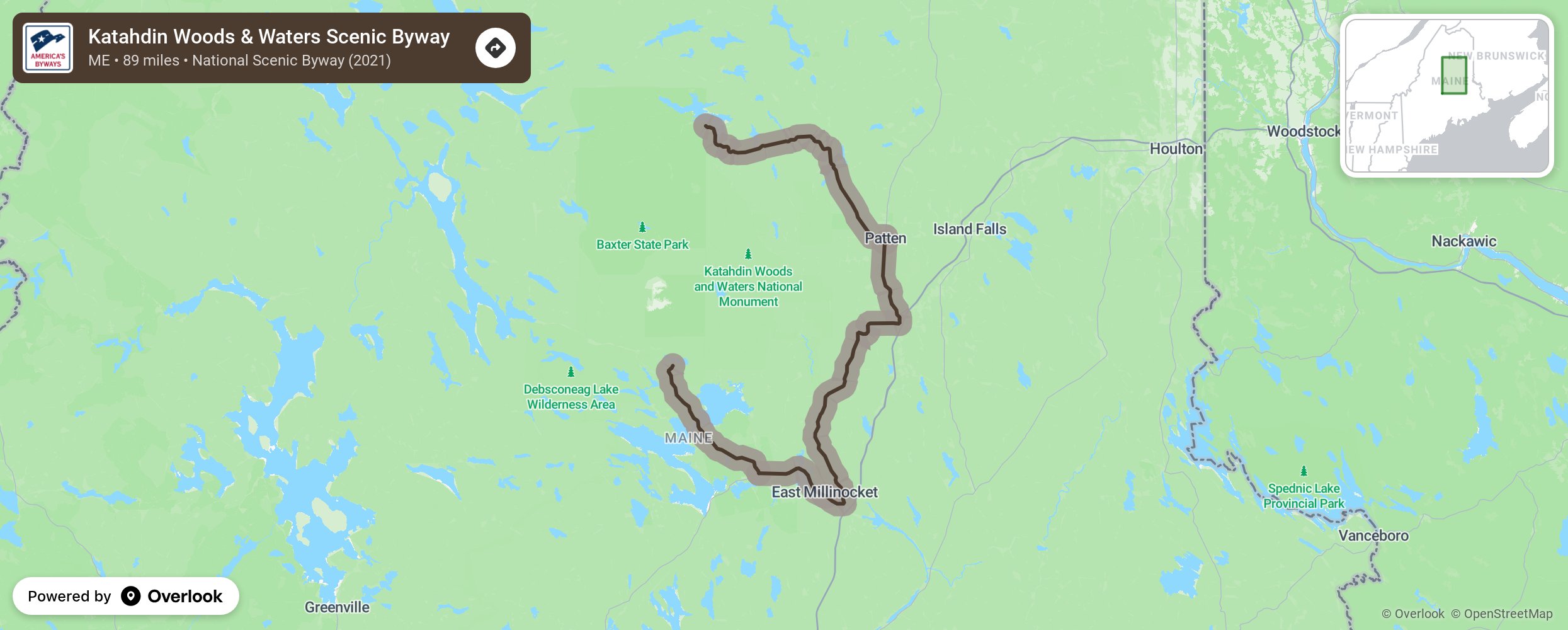 Map of Katahdin Woods & Waters Scenic Byway - scenic route