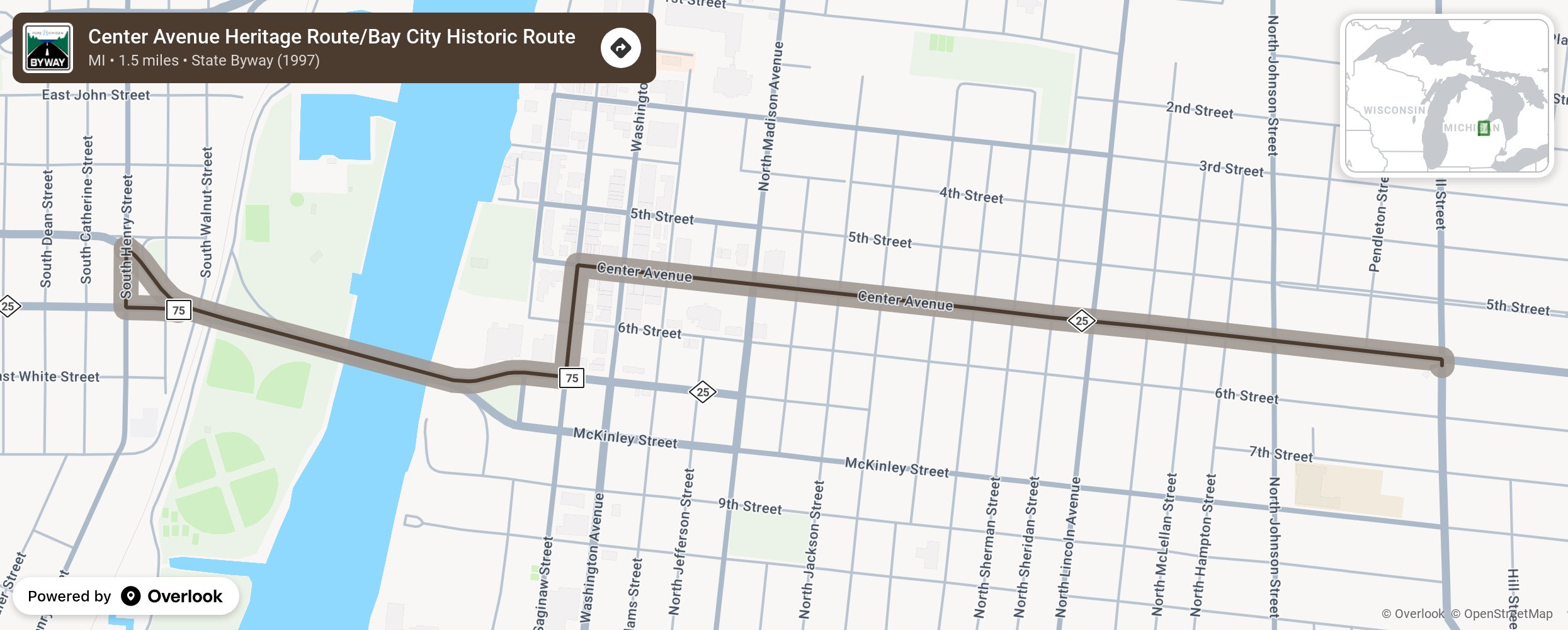 Map of Center Avenue Heritage Route/Bay City Historic Route - scenic route