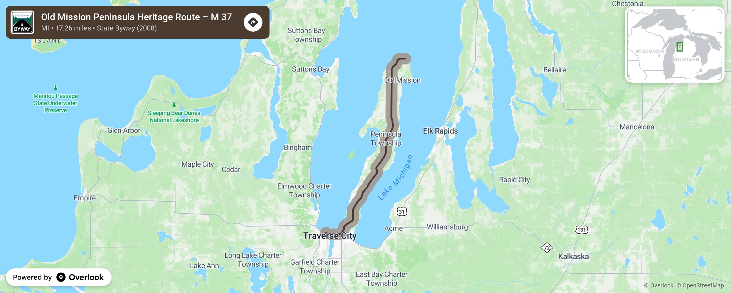 Map of Old Mission Peninsula Heritage Route – M 37 - scenic route