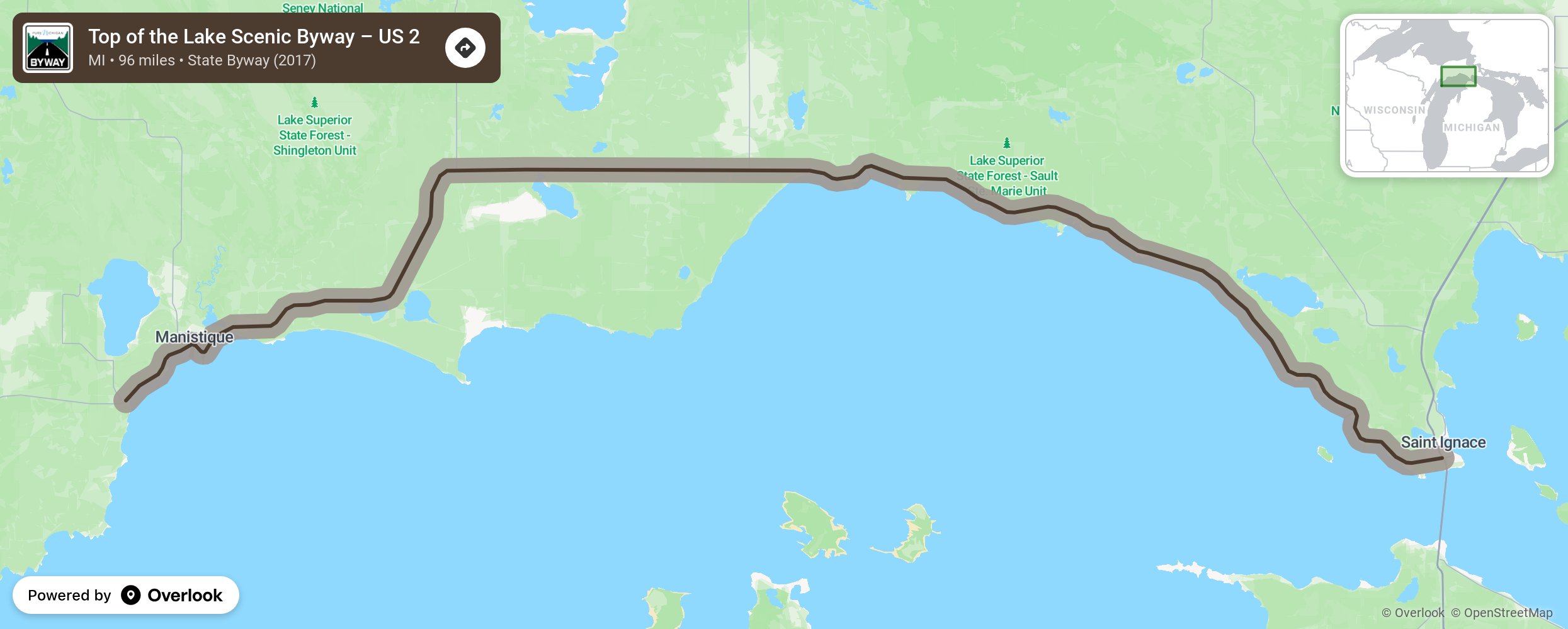 Map of Top of the Lake Scenic Byway – US 2 - scenic route