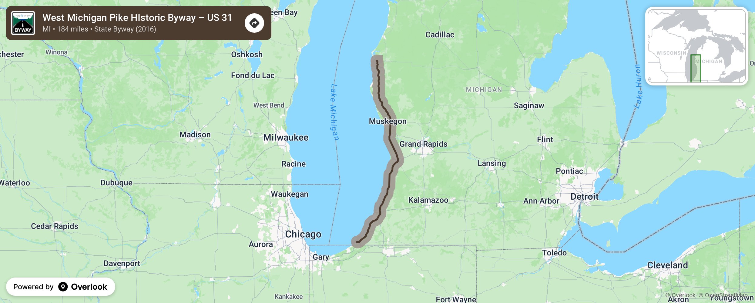 Map of West Michigan Pike HIstoric Byway – US 31 - scenic route