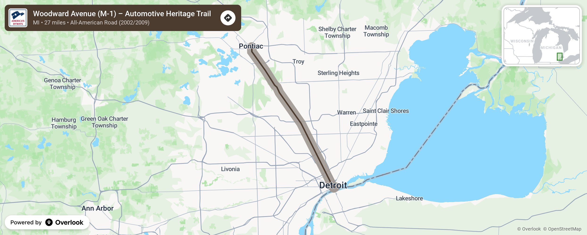 Map of Woodward Avenue (M-1) – Automotive Heritage Trail - scenic route