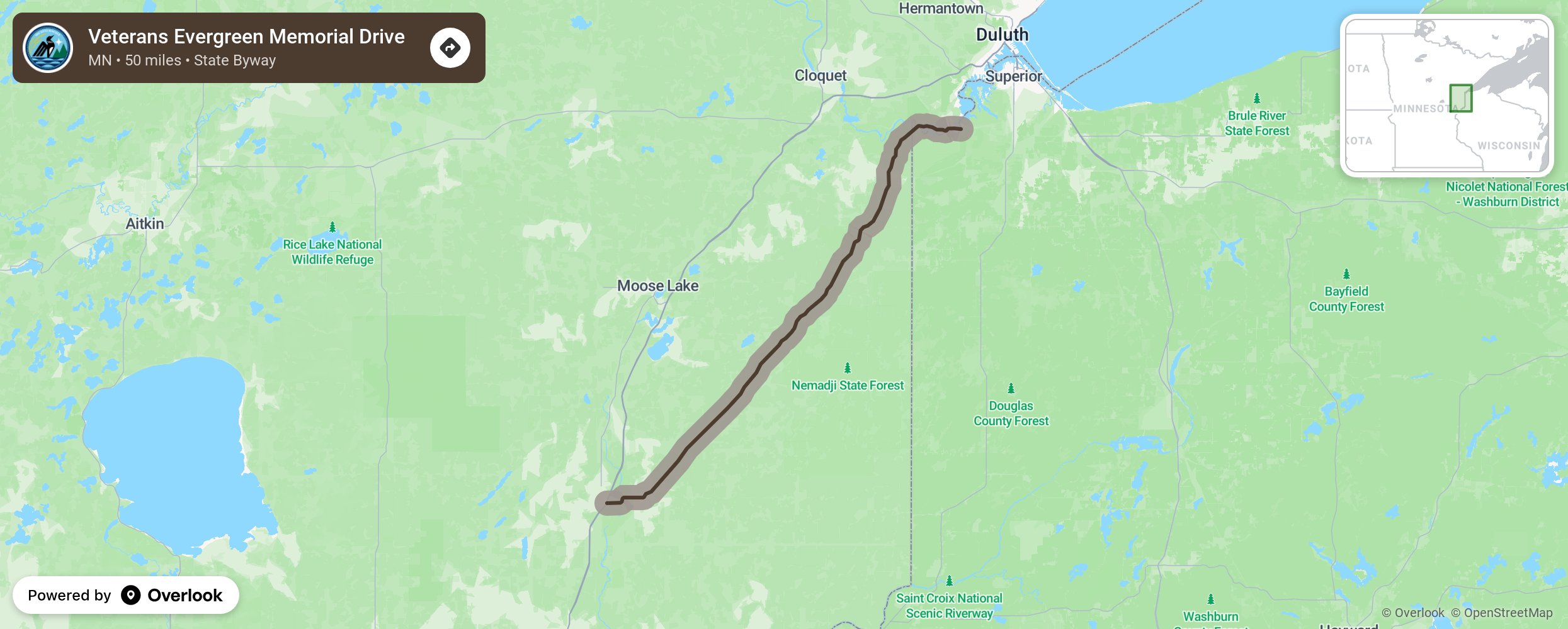 Map of Veterans Evergreen Memorial Drive - scenic route