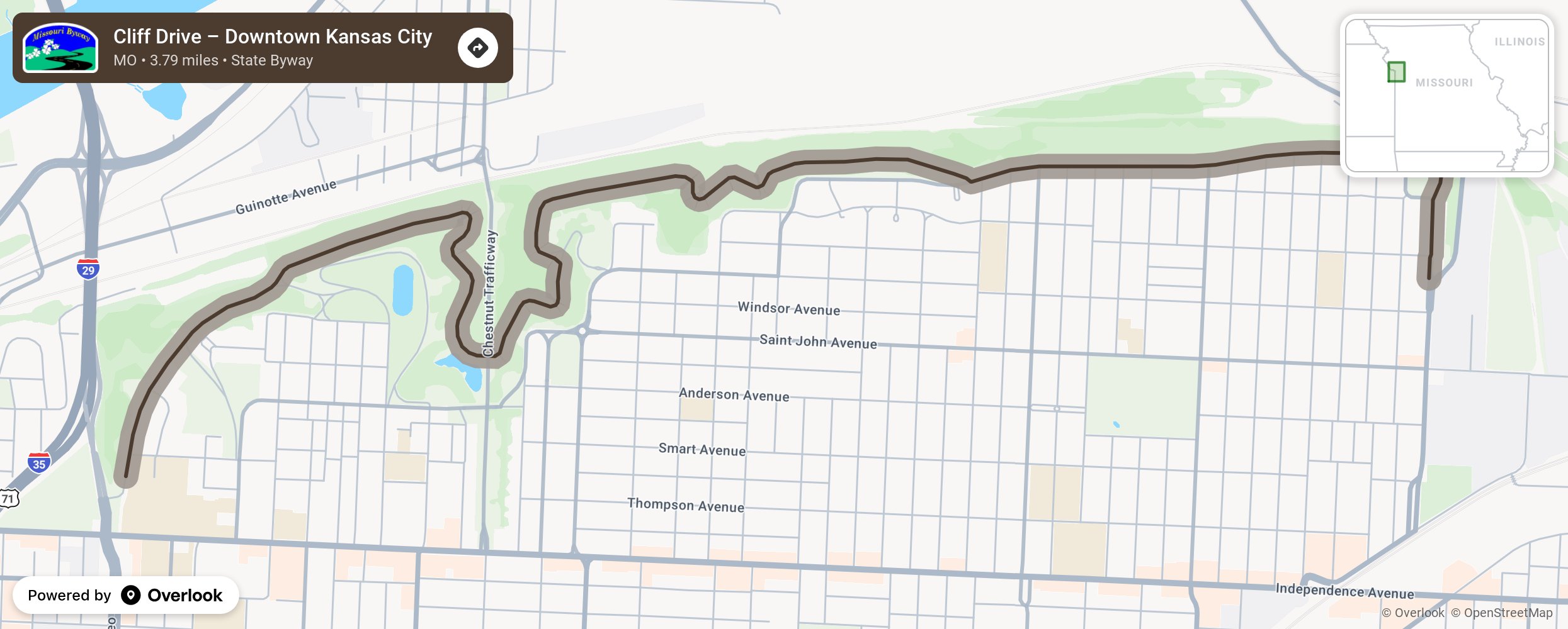 Map of Cliff Drive – Downtown Kansas City - scenic route