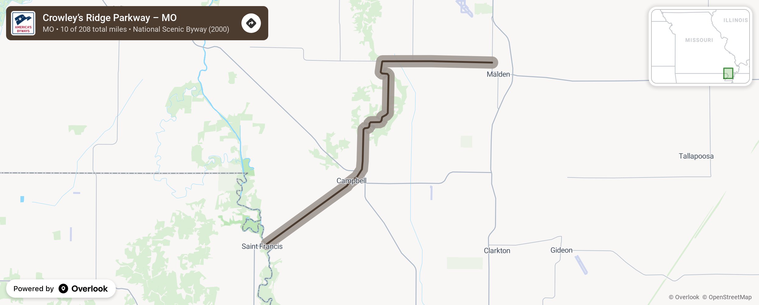 Map of Crowley’s Ridge Parkway – MO - scenic route