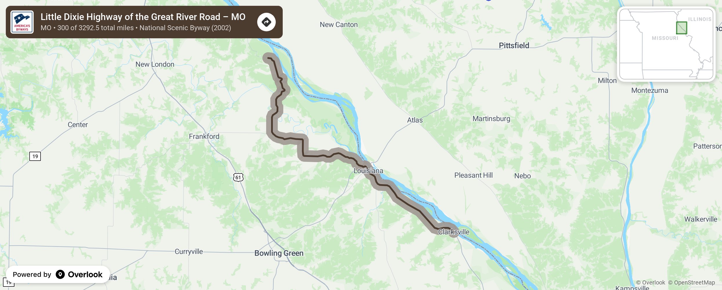 Map of Little Dixie Highway of the Great River Road – MO - scenic route