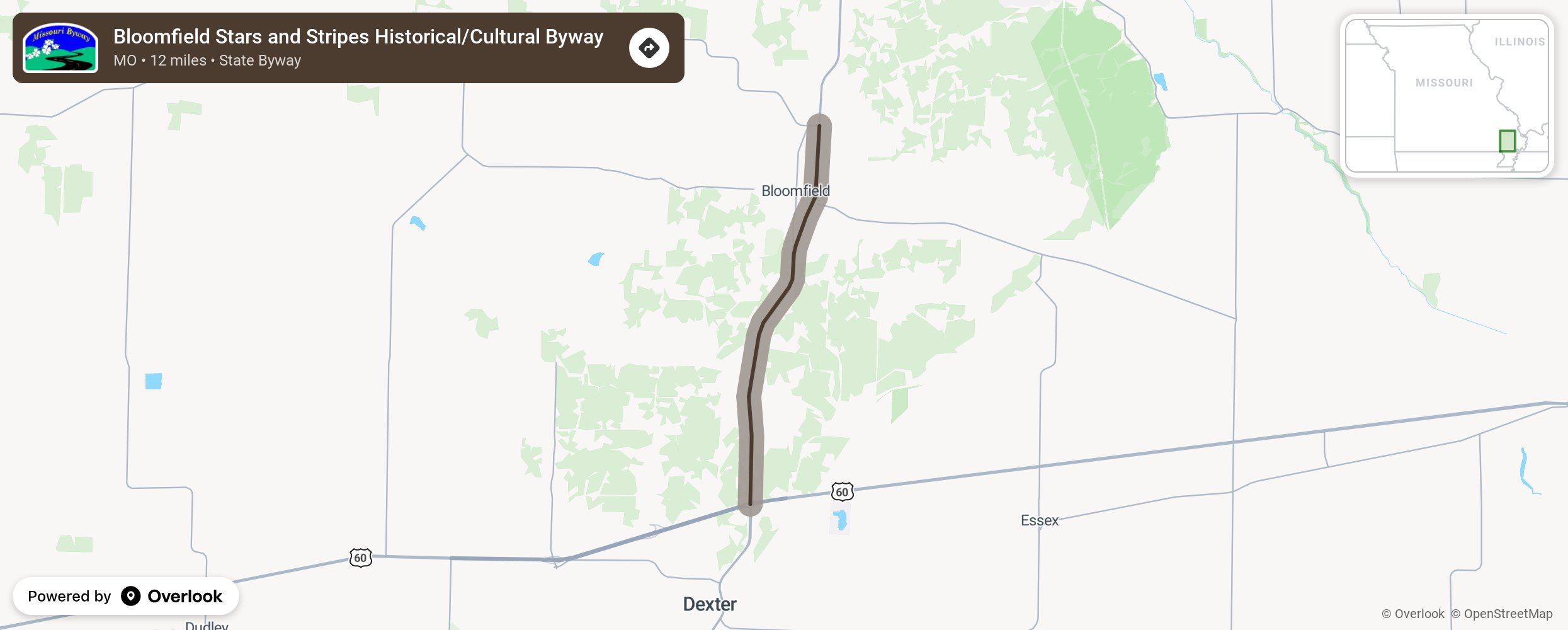 Map of Bloomfield Stars and Stripes Historical/Cultural Byway - scenic route