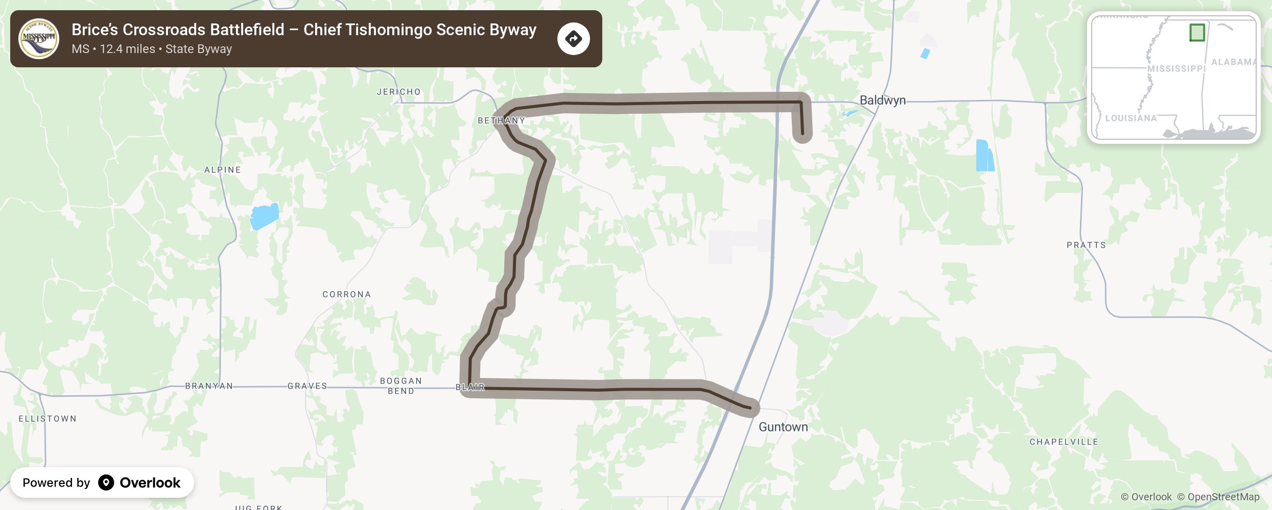 Map of Brice’s Crossroads Battlefield – Chief Tishomingo Scenic Byway - scenic route