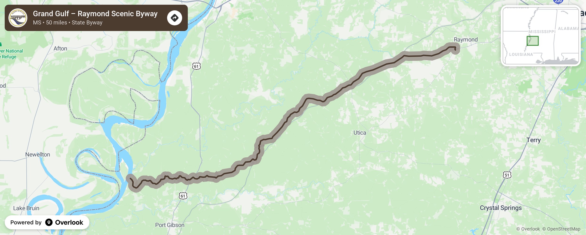 Map of Grand Gulf – Raymond Scenic Byway - scenic route