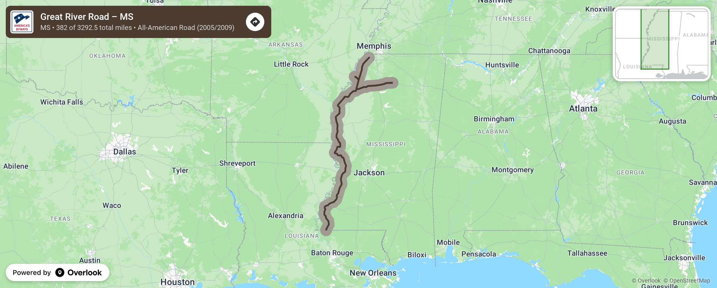 Map of Great River Road – MS - scenic route