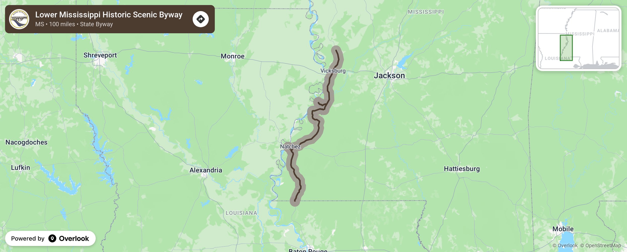 Map of Lower Mississippi Historic Scenic Byway - scenic route