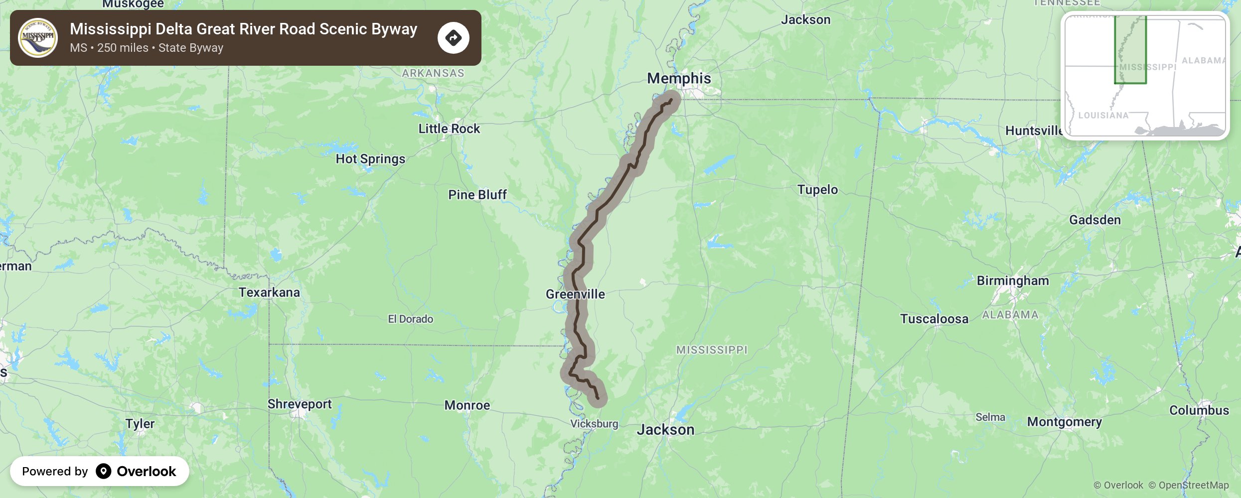 Map of Mississippi Delta Great River Road Scenic Byway - scenic route