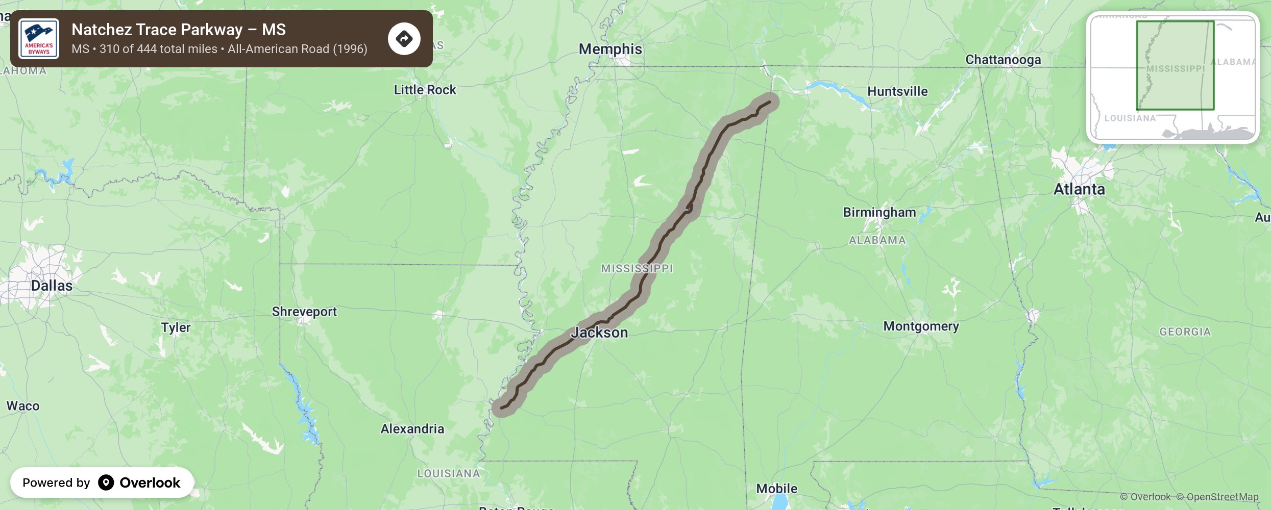 Map of Natchez Trace Parkway – MS - scenic route