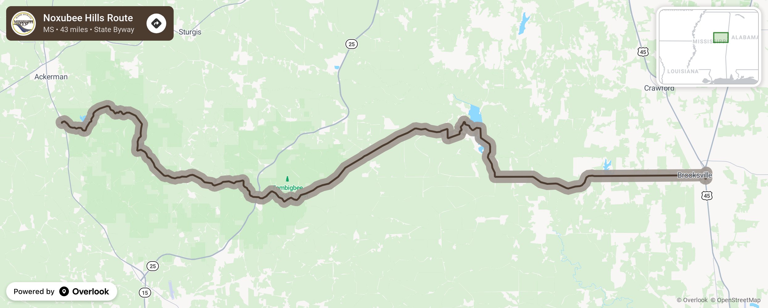 Map of Noxubee Hills Route - scenic route