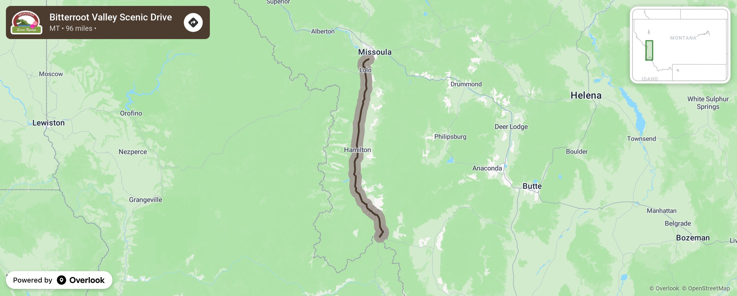 Map of Bitterroot Valley Scenic Drive - scenic route