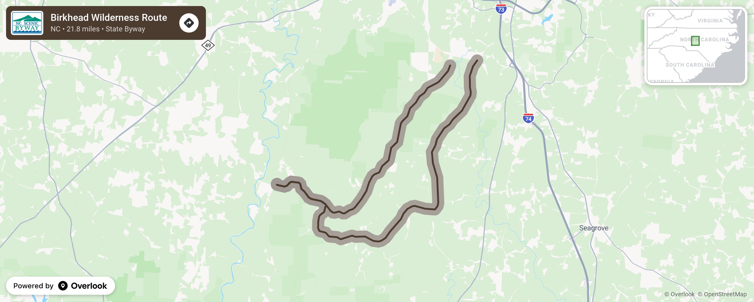 Map of Birkhead Wilderness Route - scenic route