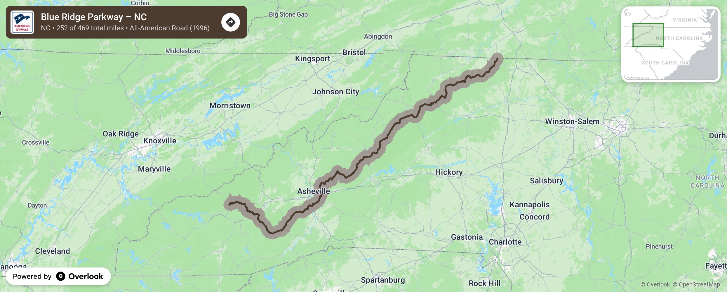 Map of Blue Ridge Parkway – NC - scenic route