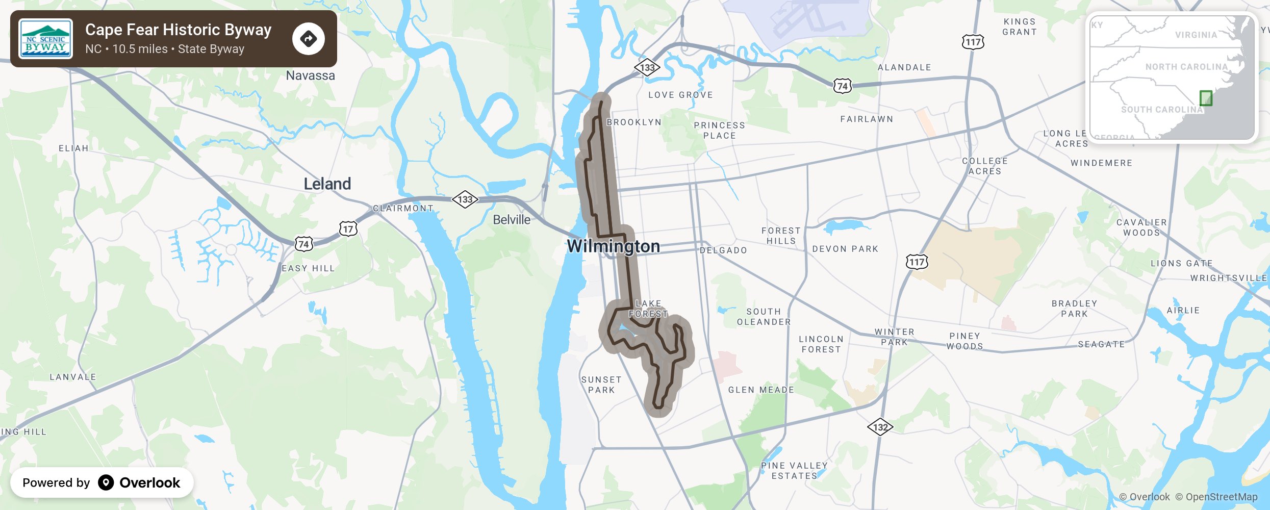 Map of Cape Fear Historic Byway - scenic route