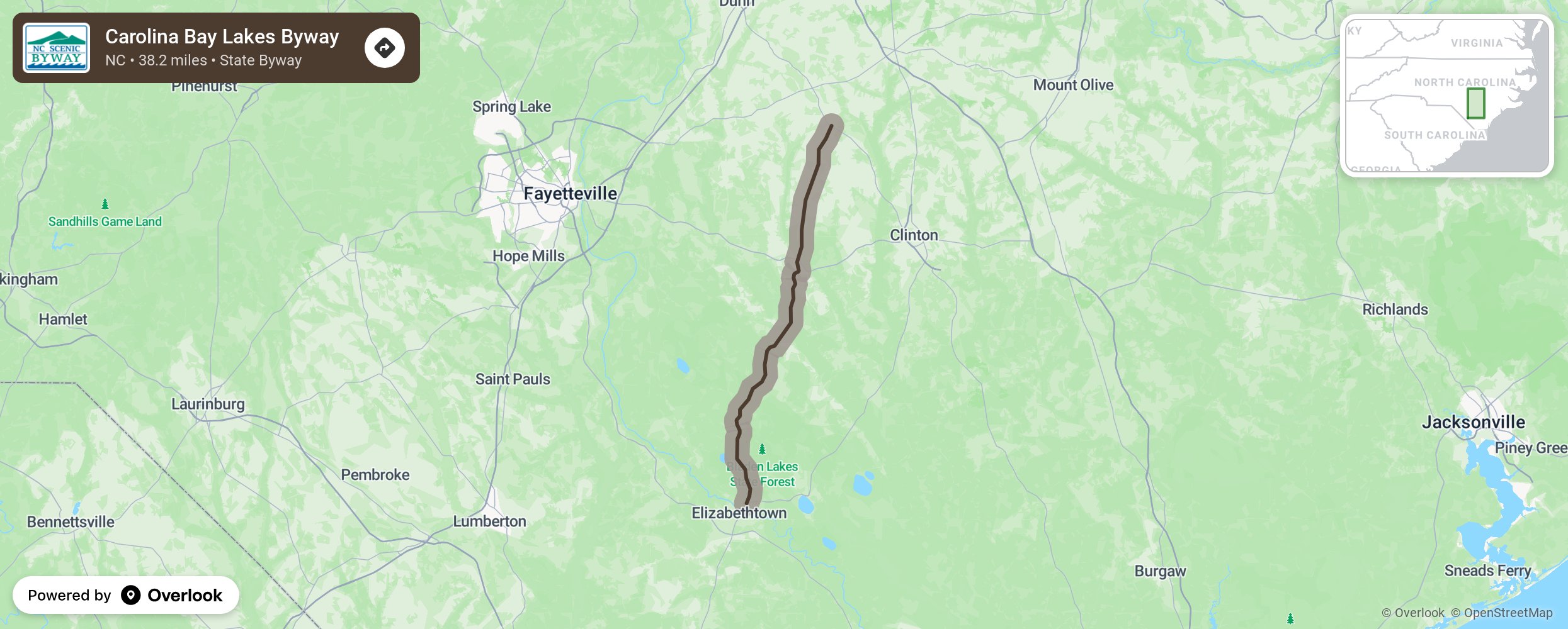 Map of Carolina Bay Lakes Byway - scenic route