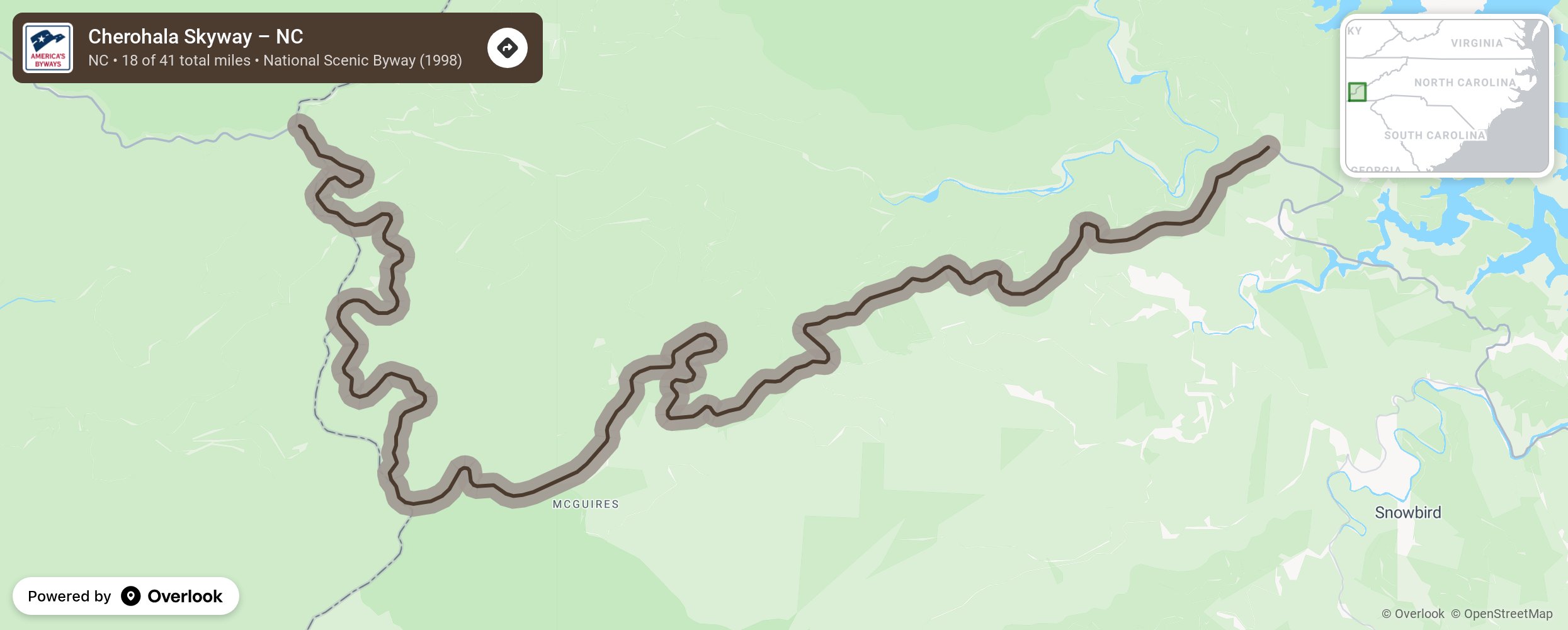 Map of Cherohala Skyway – NC - scenic route