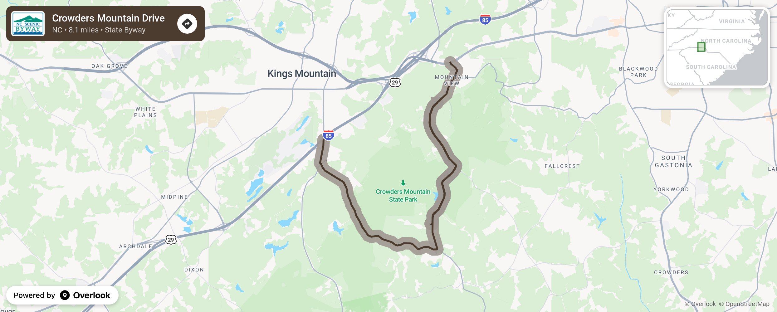 Map of Crowders Mountain Drive - scenic route