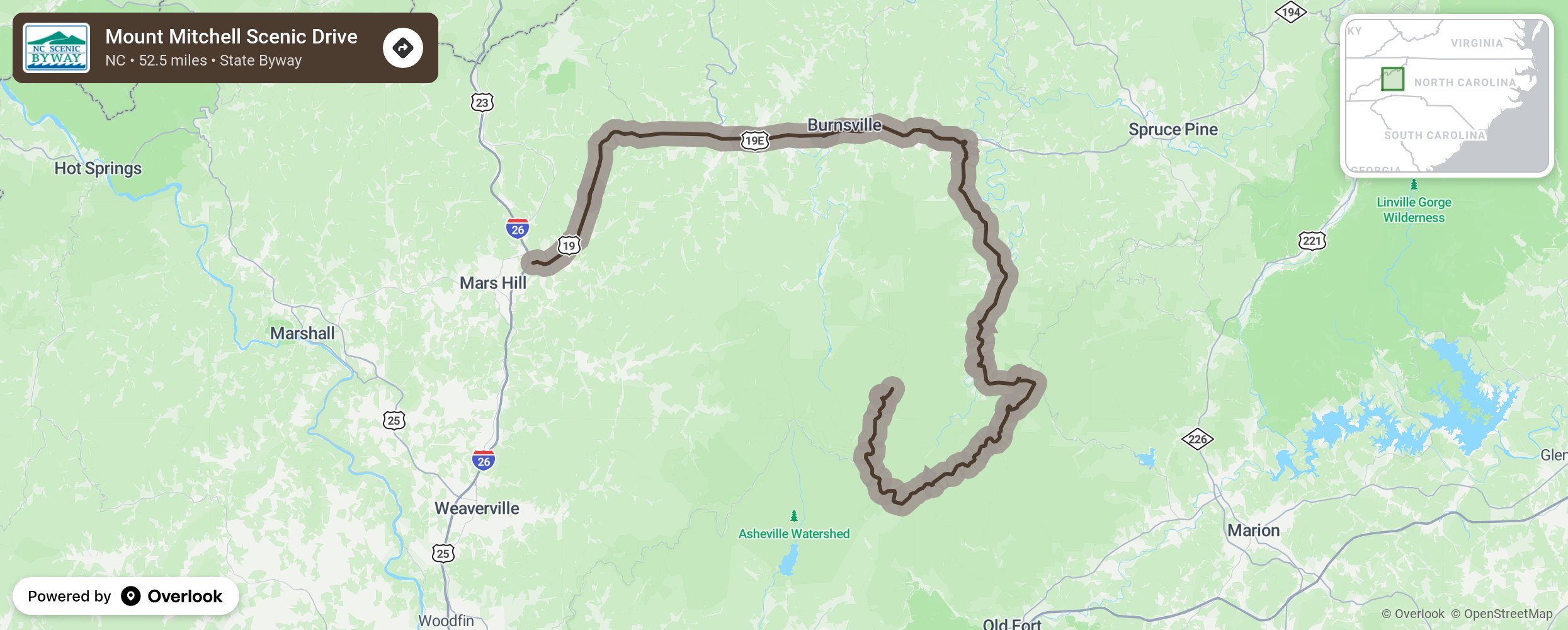 Map of Mount Mitchell Scenic Drive - scenic route