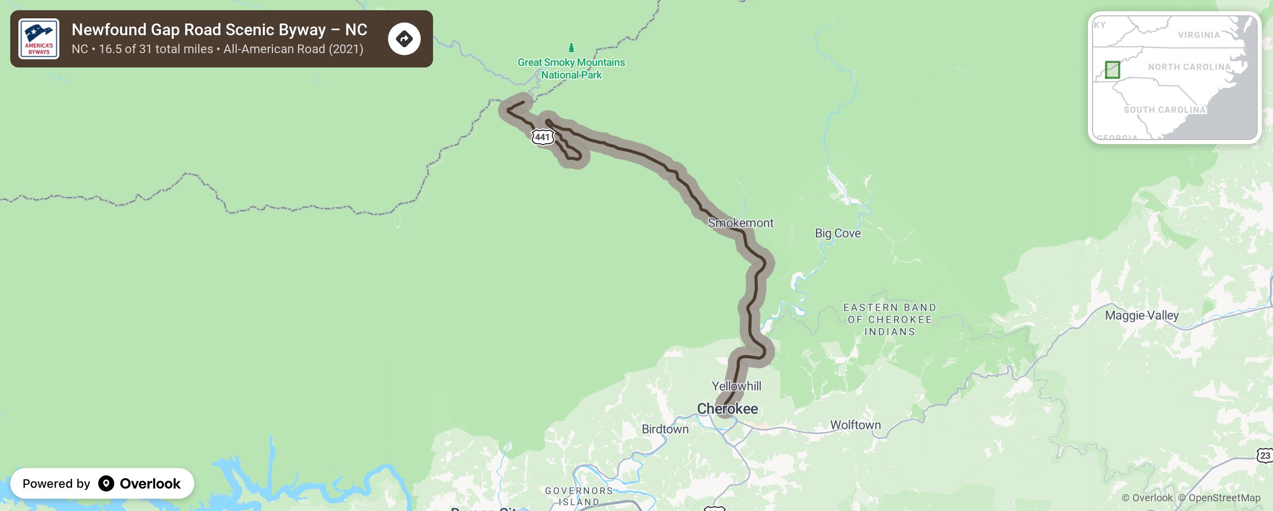 Map of Newfound Gap Road Scenic Byway – NC - scenic route