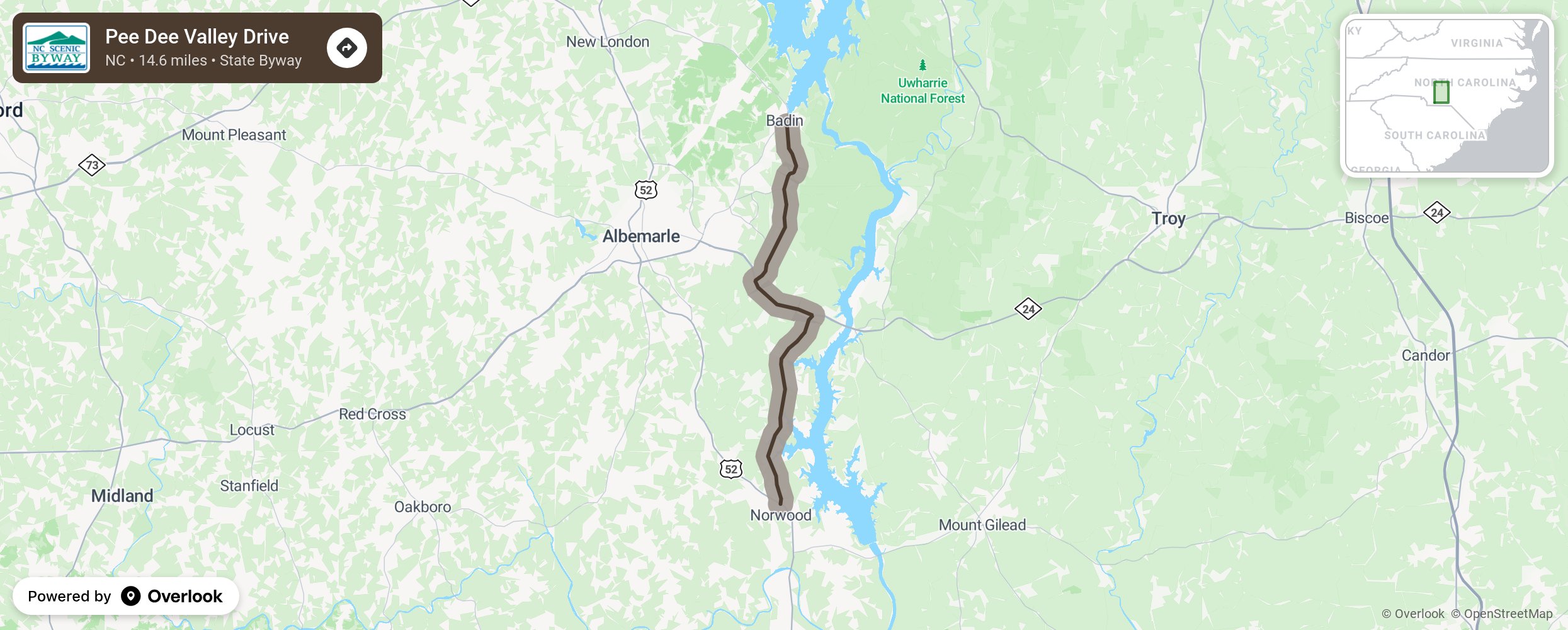 Map of Pee Dee Valley Drive - scenic route