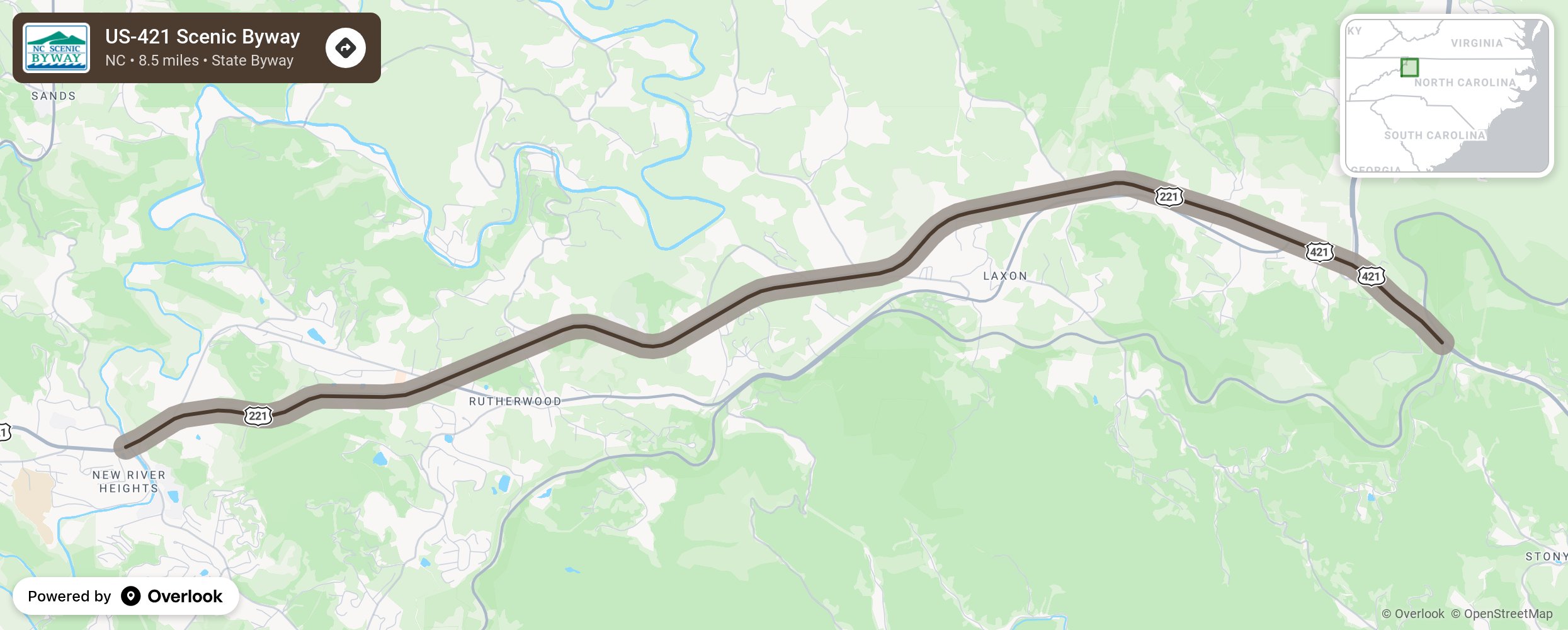 Map of US-421 Scenic Byway - scenic route