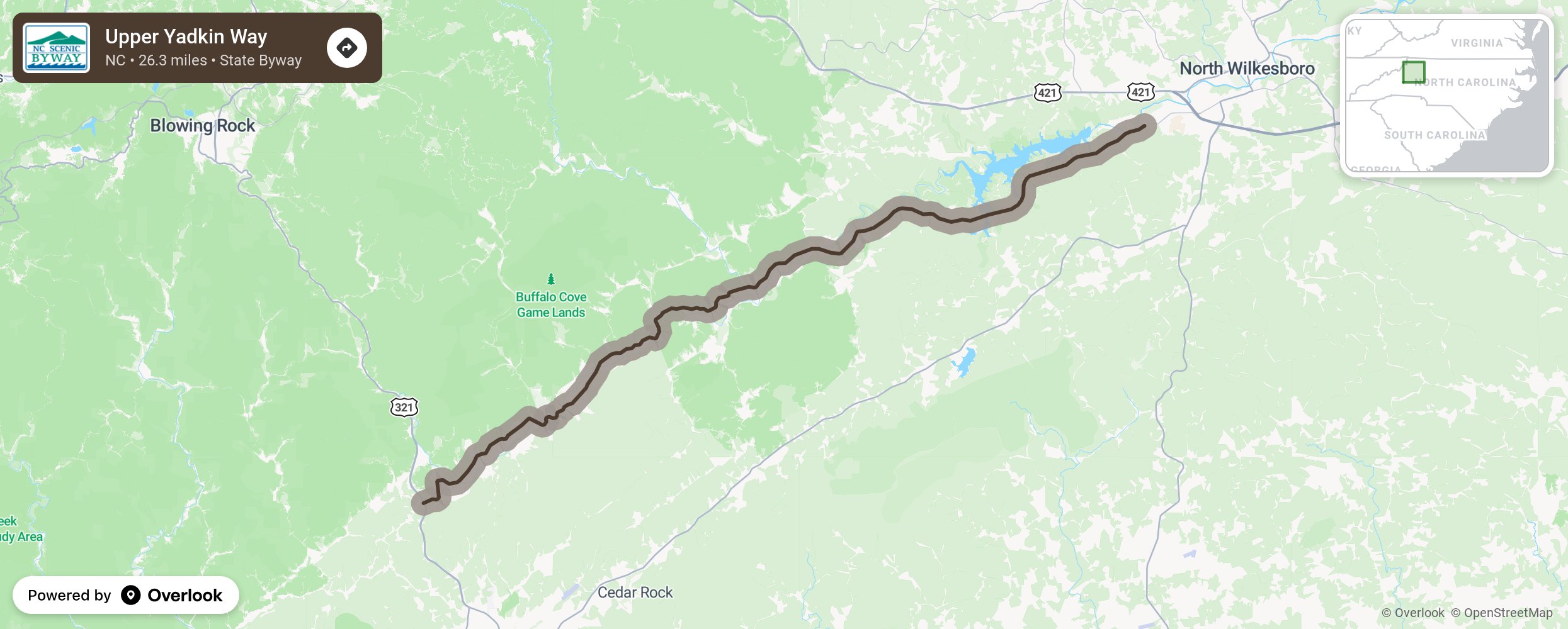 Map of Upper Yadkin Way - scenic route