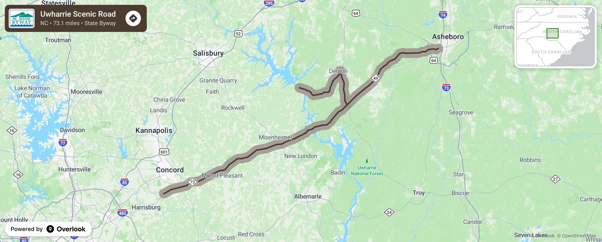 Map of Uwharrie Scenic Road - scenic route