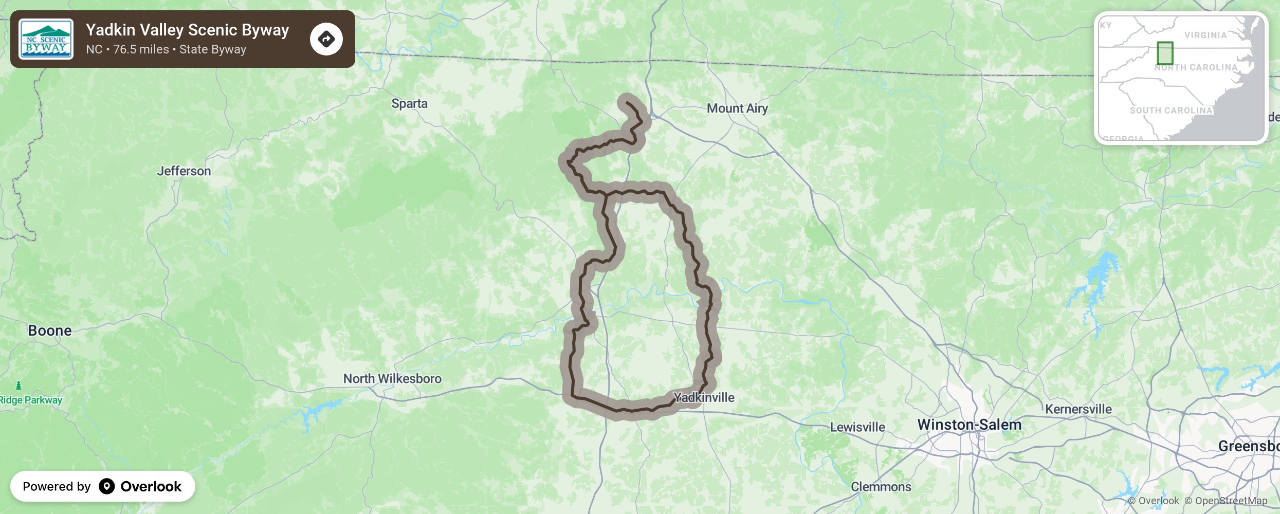 Map of Yadkin Valley Scenic Byway - scenic route