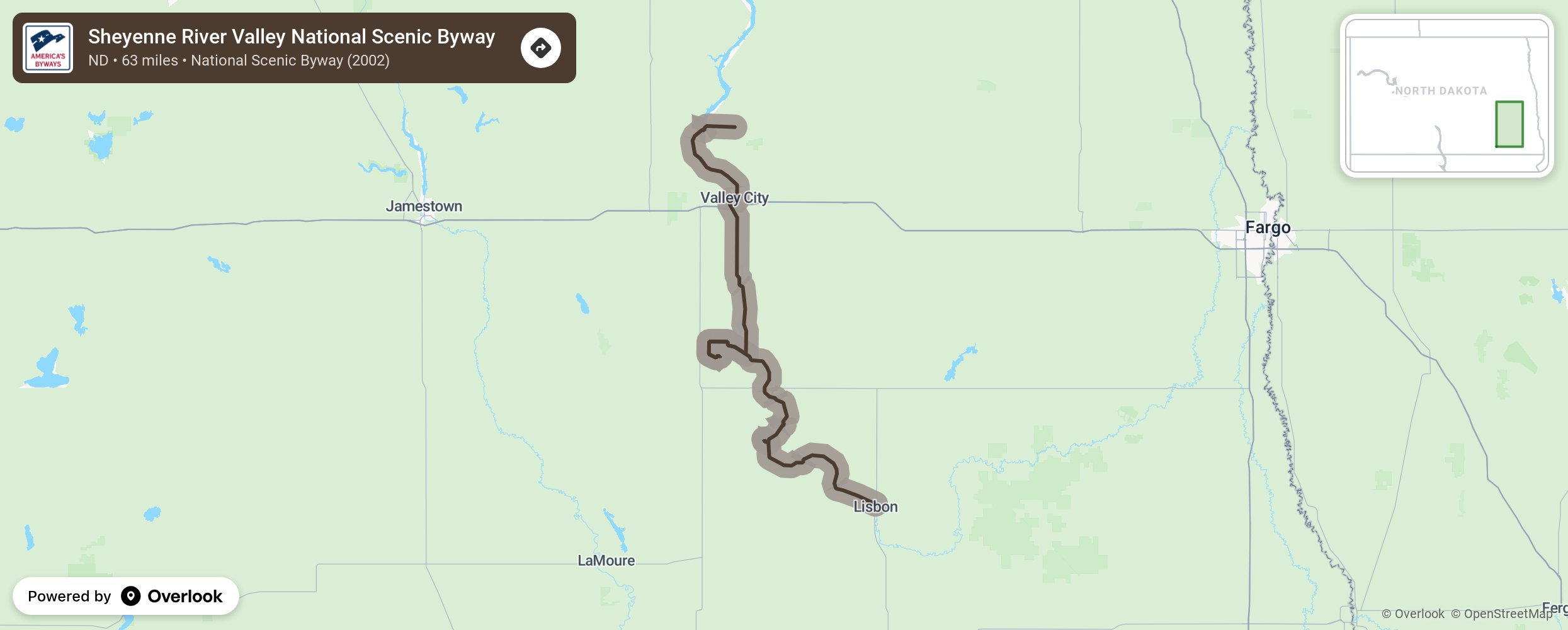 Map of Sheyenne River Valley National Scenic Byway - scenic route