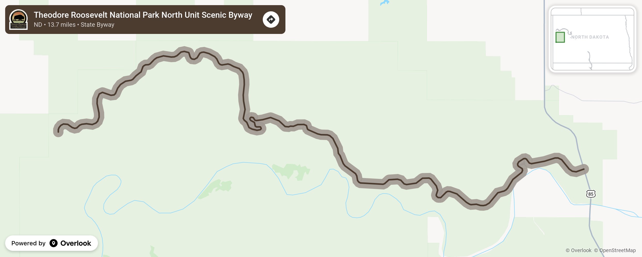 Map of Theodore Roosevelt National Park North Unit Scenic Byway - scenic route