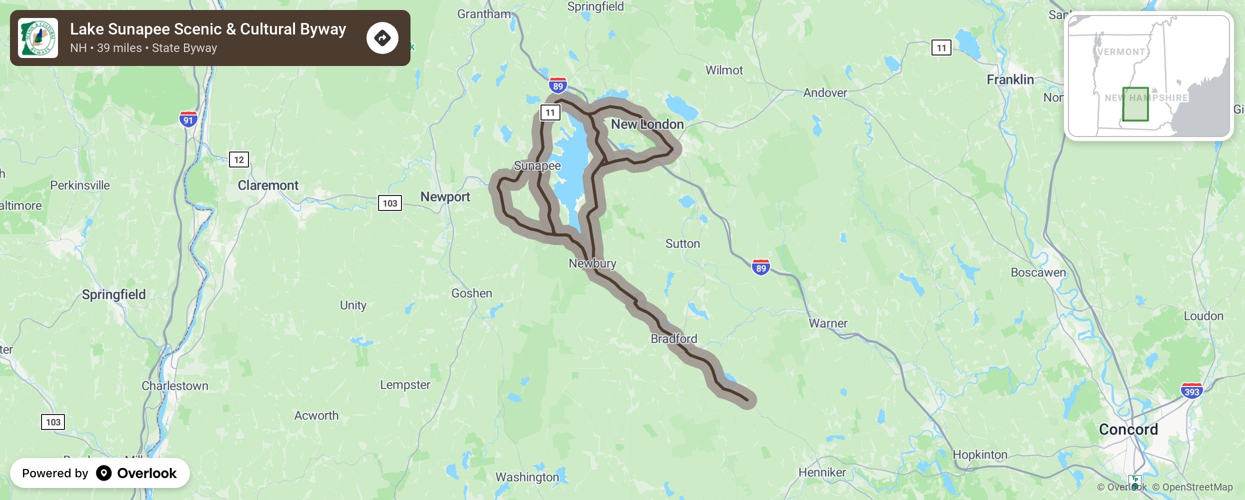 Map of Lake Sunapee Scenic & Cultural Byway - scenic route