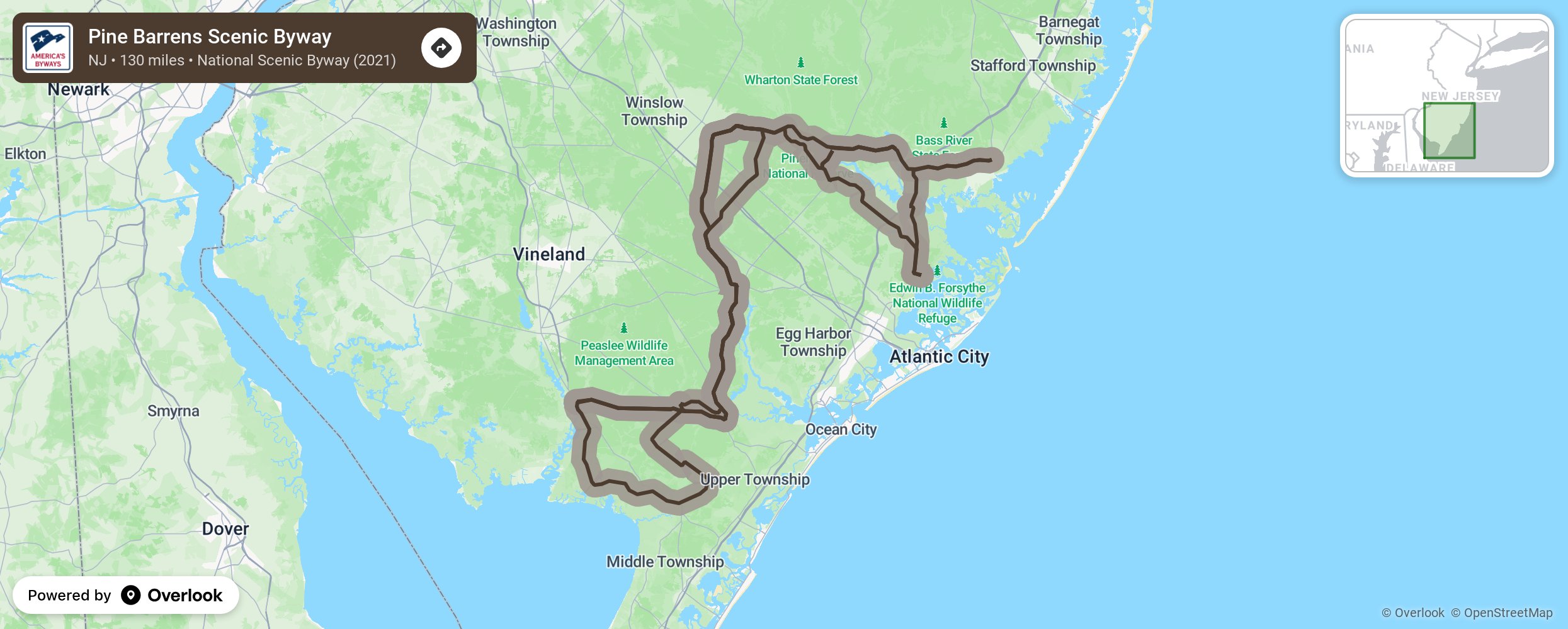 Map of Pine Barrens Scenic Byway - scenic route