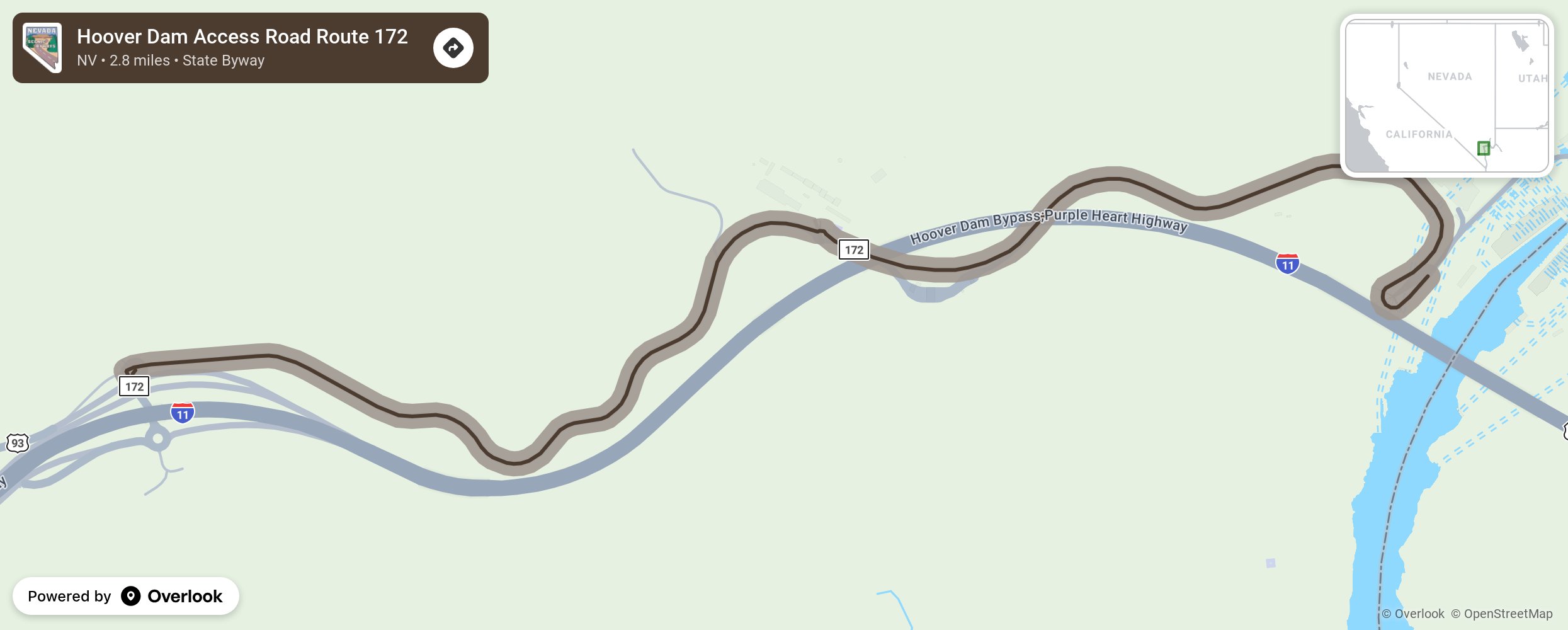 Map of Hoover Dam Access Road Route 172 - scenic route